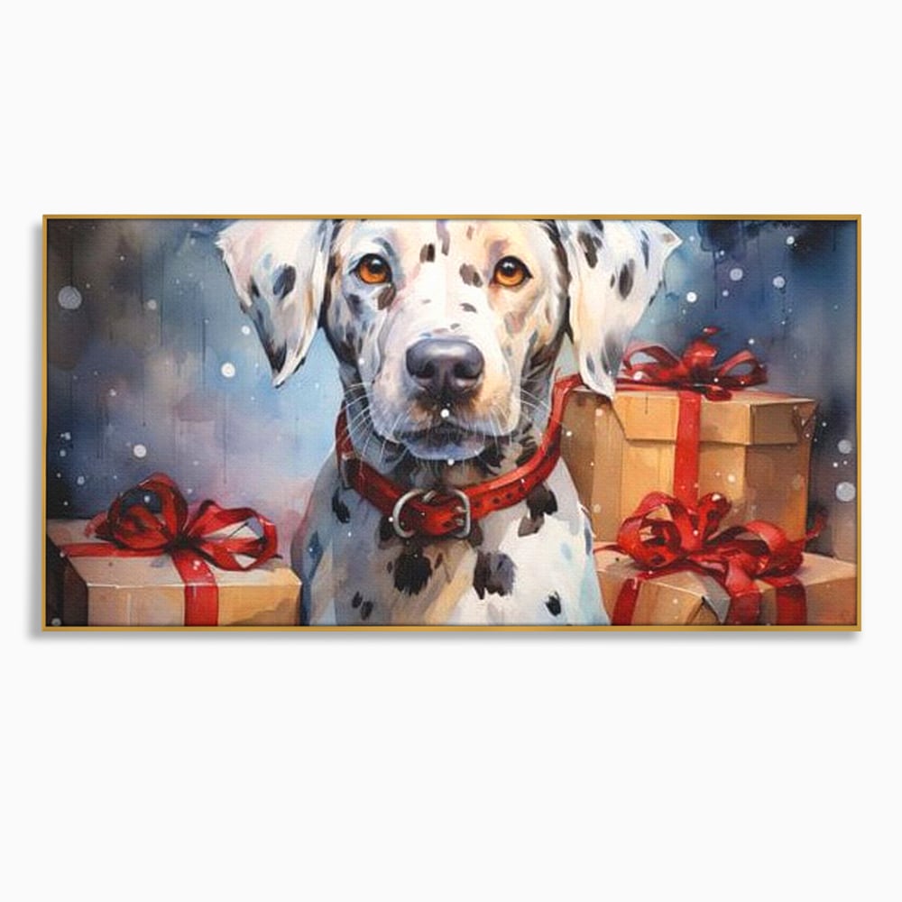 Tablou canvas cu tablou canvas cu dalmatian festv, in rama de aluminiu auriu